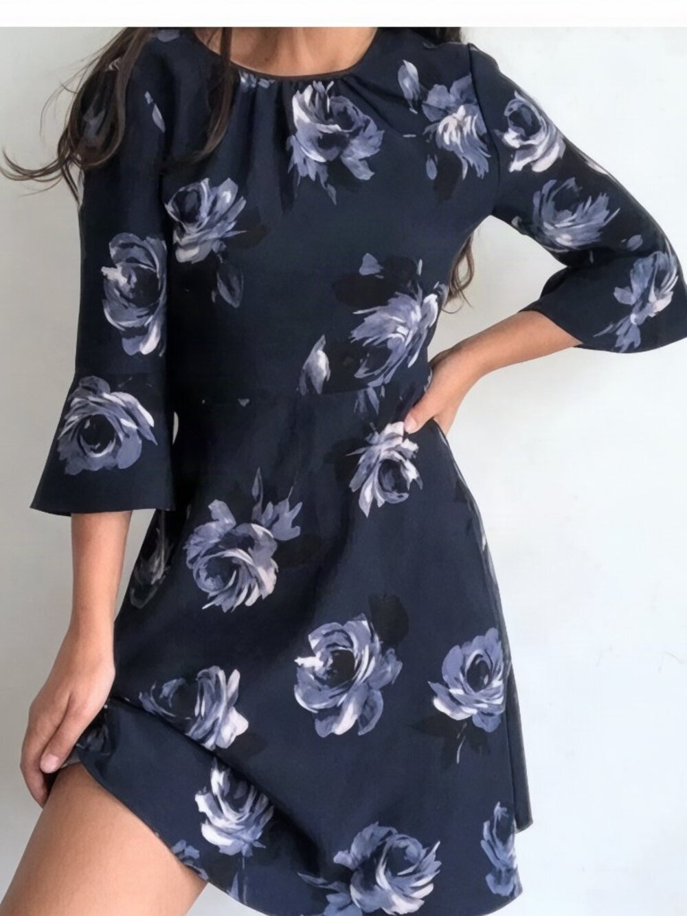 Kate Spade Night Rose Crape Navy Floral Dress Bell Sleeve 8-10